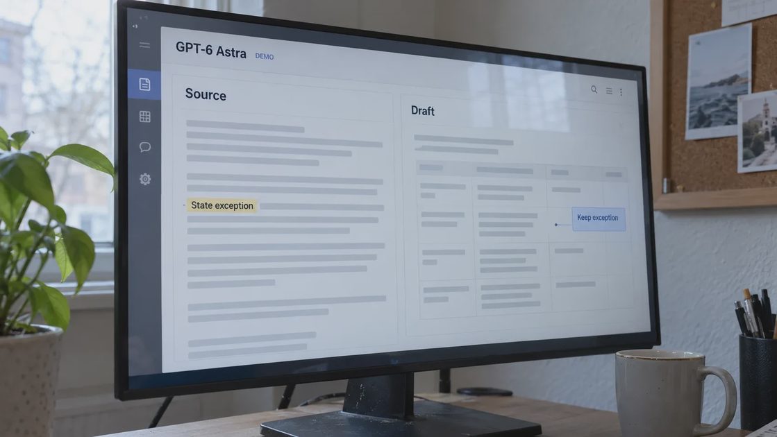 Illustrative GPT-6 Astra workspace comparing a source document and draft, with a state exception highlighted.