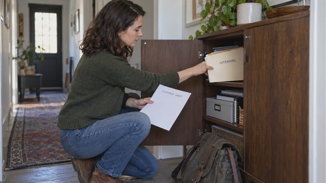 A person stores an Internal folder separately from a Customer Draft note at a work cabinet.

