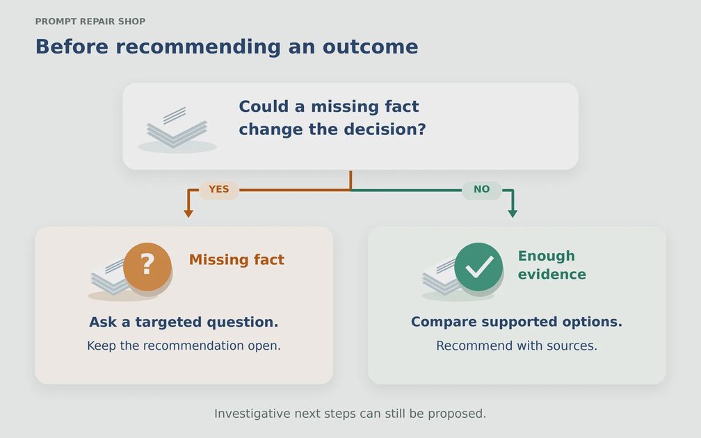 Flowchart showing when missing information should keep a decision-brief recommendation open.