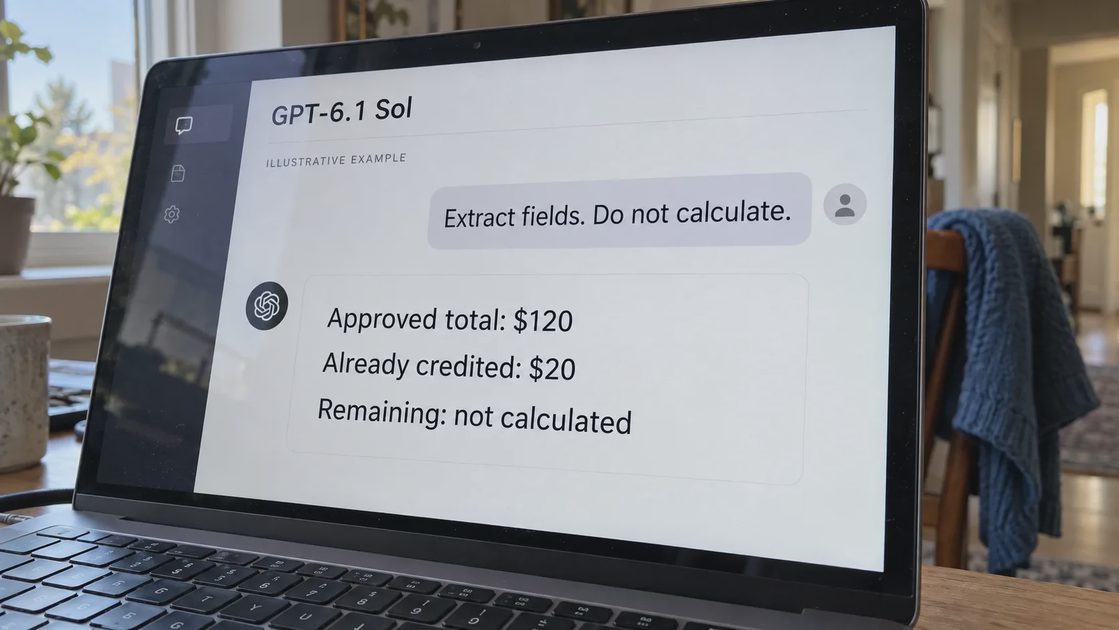 Extract the Amounts Before Choosing the Formula Illustrative GPT-6.1 Sol chat extracting a $120 approved total and $20 credit without calculating the remaining refund.