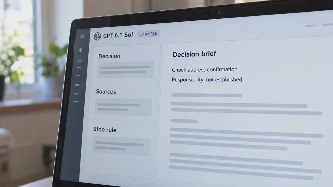 Illustrative GPT-6.1 Sol workspace showing decision, sources and a stop rule, with responsibility not established.