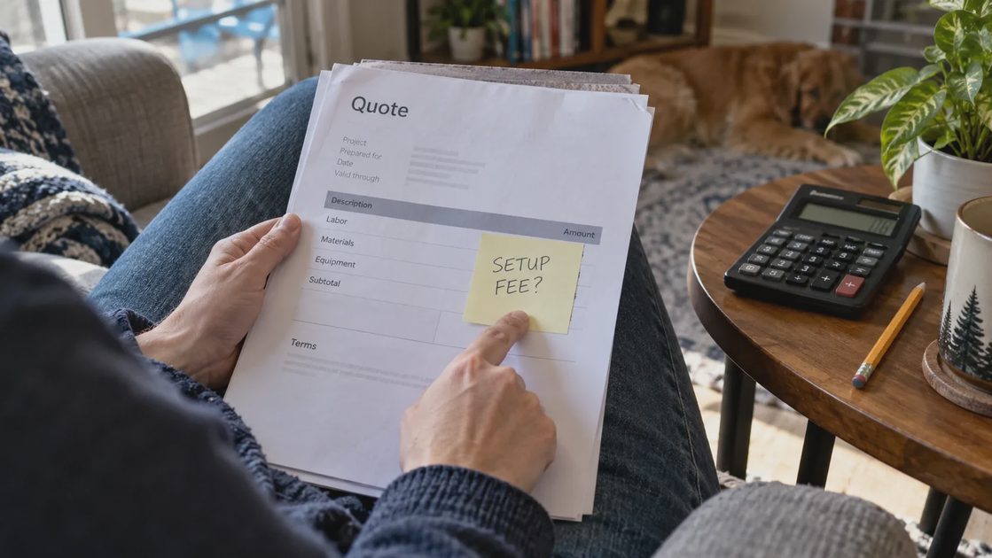 A finger points to a Setup Fee? note on a quote packet beside a pocket calculator.
