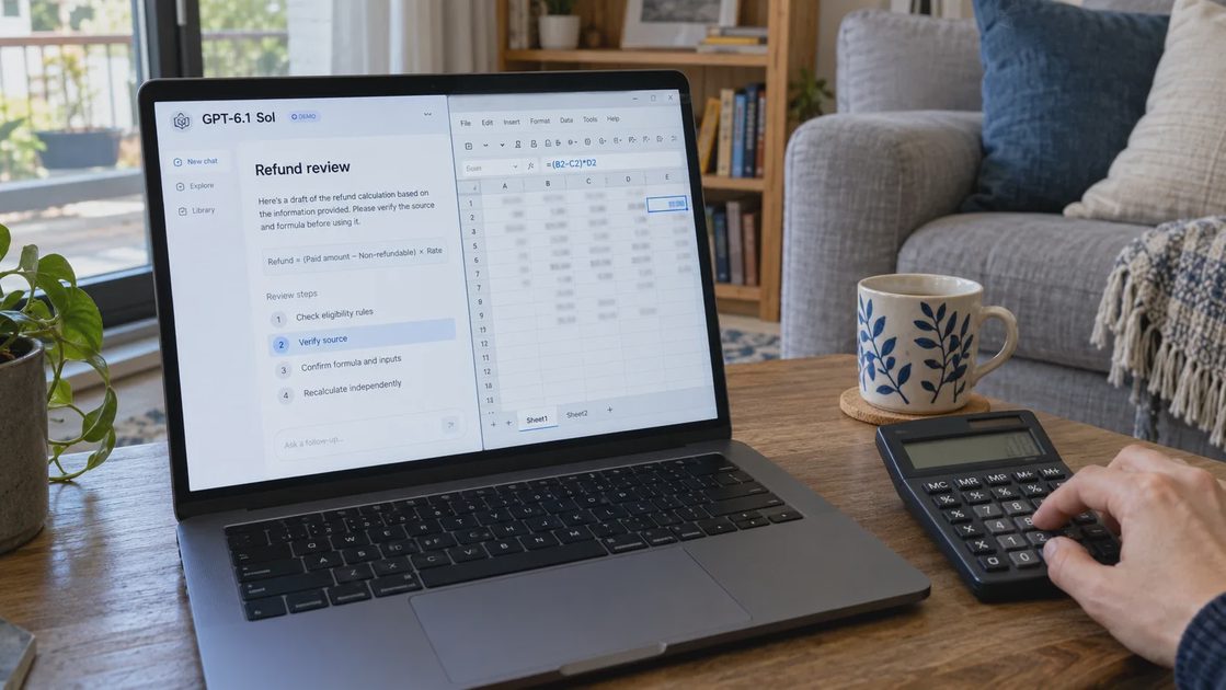 Laptop showing an illustrative GPT refund review beside a spreadsheet, while a hand checks a calculator.
