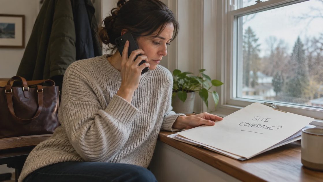 A person prepares a supplier call with a folder marked Site Coverage? beside a window.
