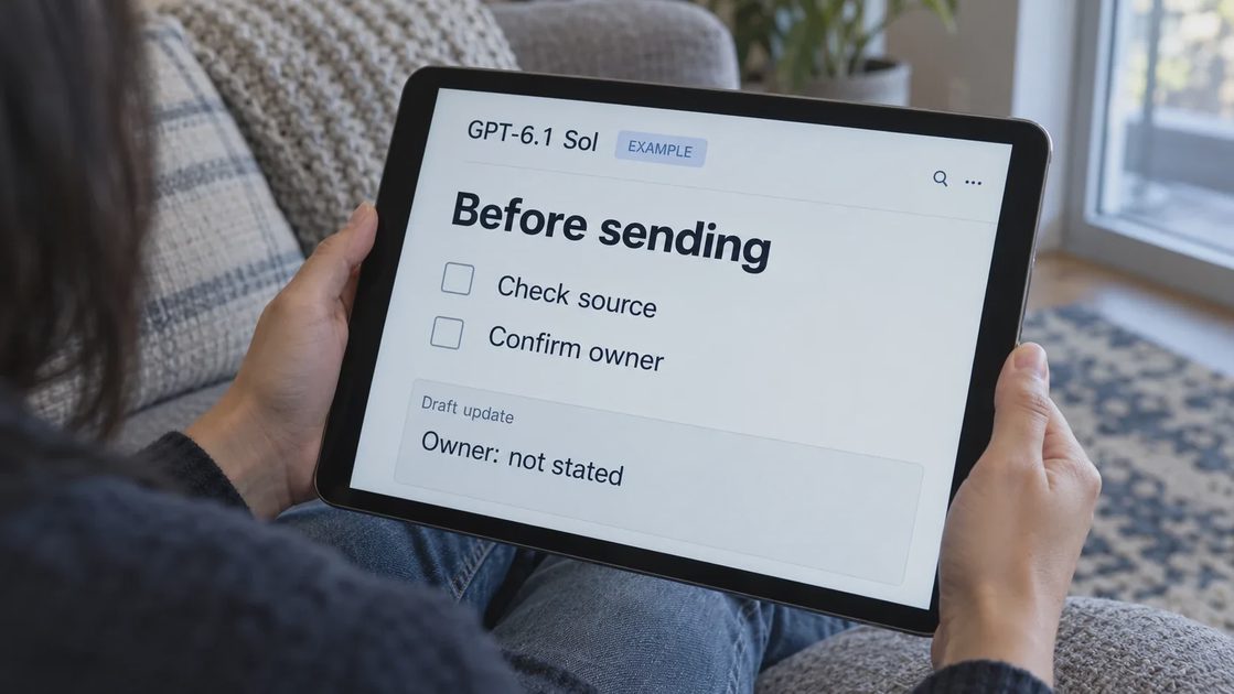 Tablet showing a GPT-6.1 Sol pre-send checklist with source checks and an owner marked as not stated.
