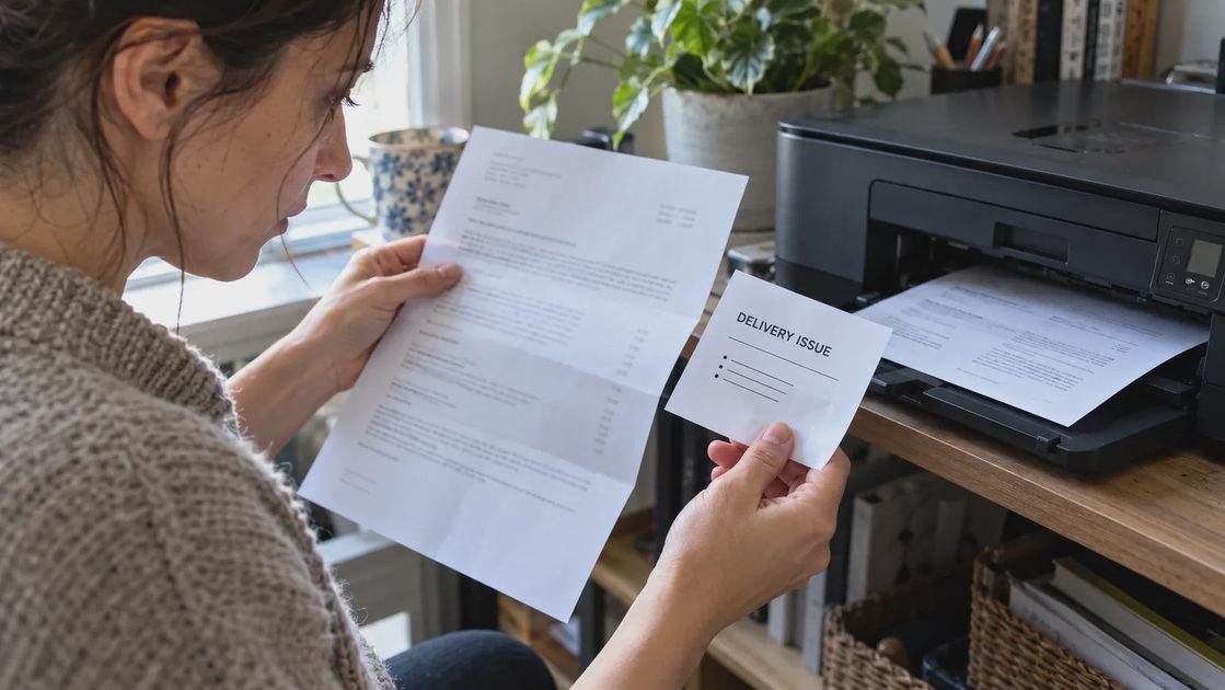 Hands compare a short Delivery Issue note with a longer folded document beside a home printer.
